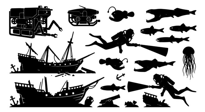 Underwater Exploration Vector Icons: Scuba Divers, Submarines, Shipwrecks, Marine Life, and Deep Sea Creatures, Black Silhouette Set for Nautical and Oceanographic Design