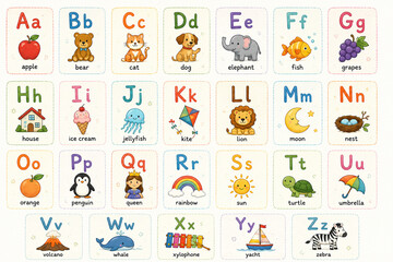 Fototapeta premium Colorful alphabet letters from A to Z with cute animal icons. Each letter has a unique animal or object theme. Bright, playful, and child-friendly design. Perfect for education, children's books