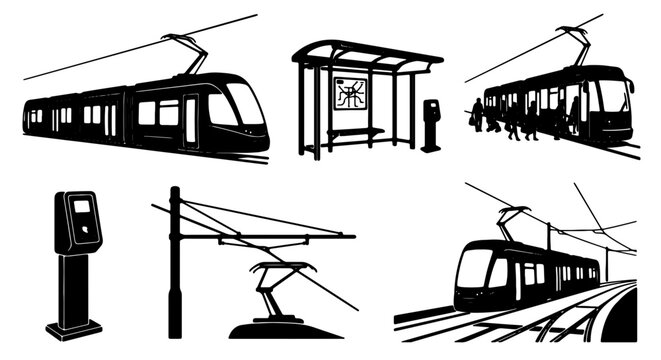 Modern Tram and Public Transport Icons, Vector Set: City Transit, Urban Mobility, Railway Systems, Streetcar Elements, Transportation Infrastructure