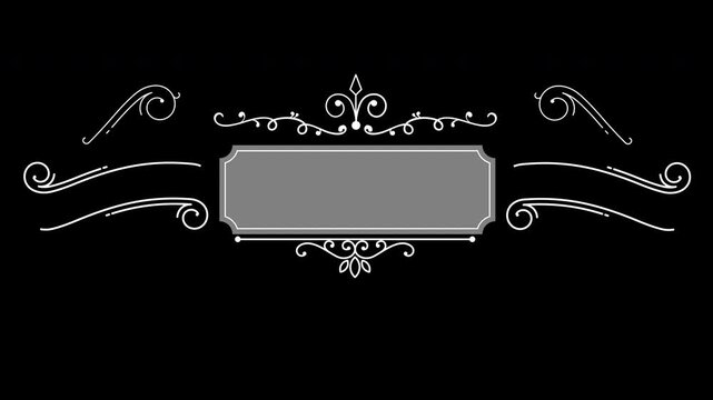 Elegant ornate vintage banner frame with decorative flourish flourishes on black background.