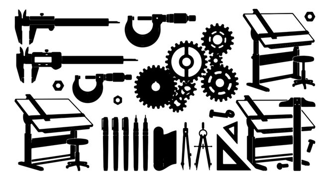 Engineering and Drafting Tools Collection, Precision Instruments, Gears, and Drawing Boards, Technical Illustration Elements for Industry and Design