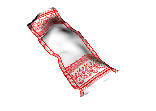 Gamosa or gamusa flying isolated on white or transparent png. It is generally a white rectangular piece of cloth from assam used in bihu. flying fabric png