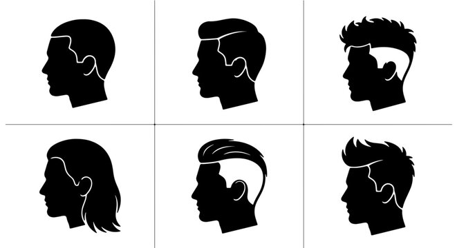 Modern Hairstyles Vector Icons, Male Haircuts Silhouettes Set, Trendy Men's Hair Styles Collection, Barber Shop Graphics