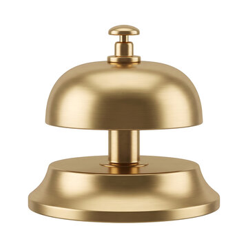 Classic brushed gold metal concierge desk bell for hotel reception service communication instrument with minimalist design isolated on transparent background