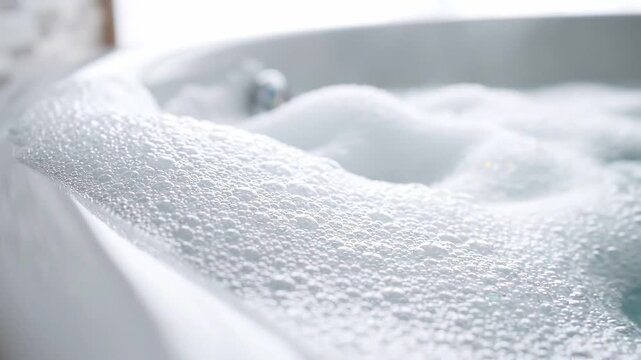 White soap foam swirling in jacuzzi bathtub. Bubbles floating on water surface in a spa setting. Hygiene and relaxation concept for daily wellness routine.
