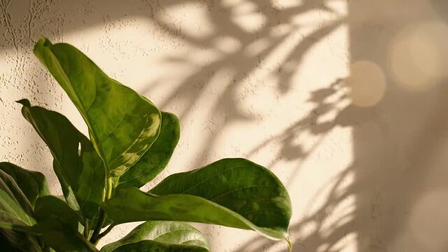 Houseplant with green leaves casting shadow on textured white wall. Sunlight illumination with bokeh effect in home interior. Minimalist botanical plant decor.
