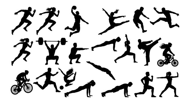 Diverse Sports Silhouettes Collection, Dynamic Athletes in Action, Fitness and Exercise Icons, Vector Graphics for Active Lifestyle Themes