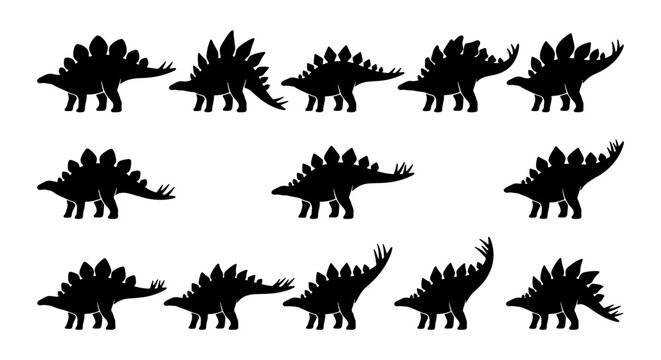 Stegosaurus Dinosaur Silhouettes Collection, Prehistoric Reptile Vector Icons, Ancient Creature Graphic Elements, Jurassic Era Wildlife Set