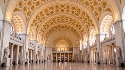 Obraz premium Majestic interior view of the historic Union Station Main Hall in Washington D.C. featuring grand marble columns and gold coffered vaulted ceilings