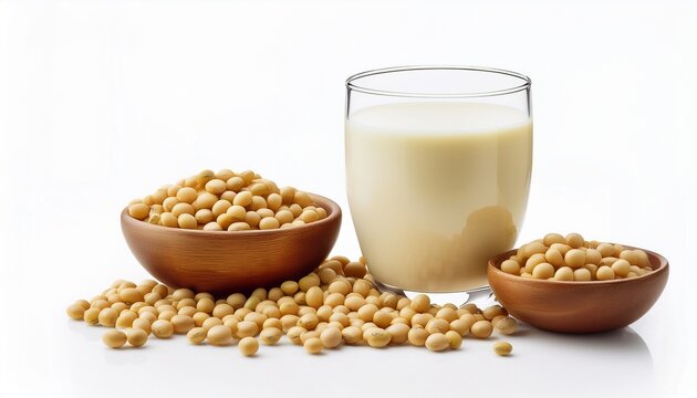 Soybeans Or Soya Bean And Soy Milk Isolated On White Background