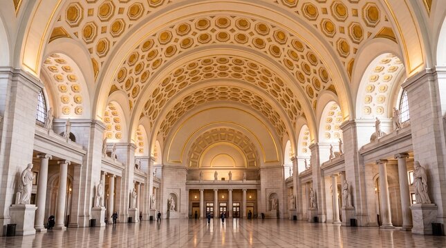 Majestic interior view of the historic Union Station Main Hall in Washington D.C. featuring grand marble columns and gold coffered vaulted ceilings