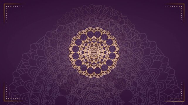 Elegant Purple Background with Golden Mandala Design and Blank Banner Space.