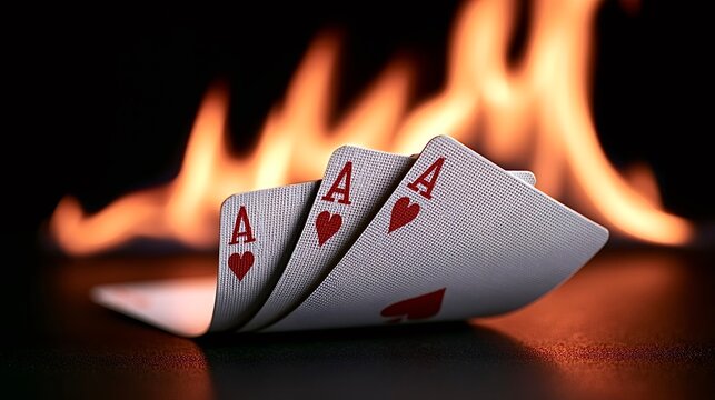 Playing cards with aces burning in flames