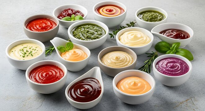 Assorted sauces and dips in small white bowls arranged on a grey textured surface, including ketchup, pesto, mayonnaise, and mustard