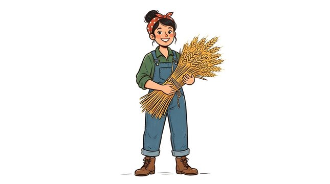 A cheerful young woman holding a large sheaf of golden wheat stalks celebrating a happy thanksgiving harvest season in a rustic and festive autumn illustration