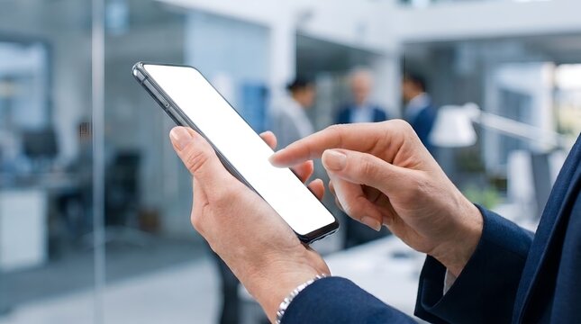 Professional business person using modern smartphone with blank white screen for mockup in office