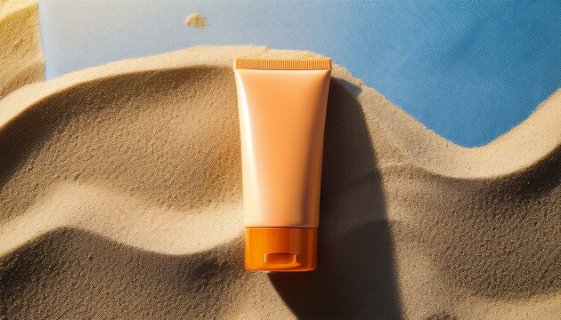 tube of sunscreen on sandy beach top view unbranded skincare bottle full of sunscreen for protection against ultraviolet radiation unbranded sunscreen bottle in sand during summertime sun cream