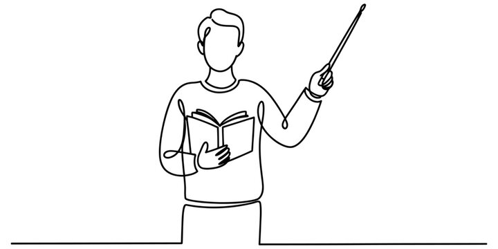 Continuous line drawing of a teacher holding a book and pointing with a stick Vector, illustration