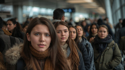 Obraz premium Young women standing in a crowded airport terminal queue