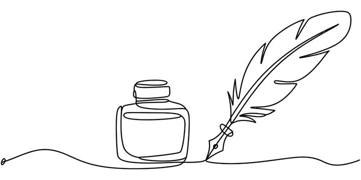 Continuous single line drawing of an old ink bottle and a feather quill pen Vector, illustration