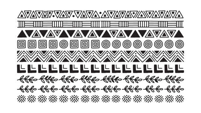Hand Drawn Tribal and Geometric Pattern Border Vector Set