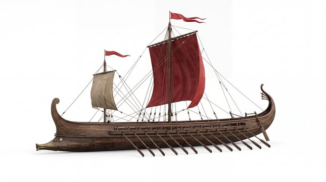 Ancient wooden trireme warship with red sails featuring intricate craftsmanship presented isolated on white background