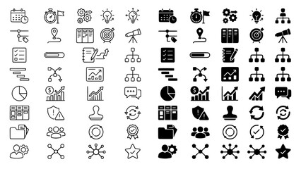 Obraz premium Collection of business and project management icons in outline and solid vector graphic styles