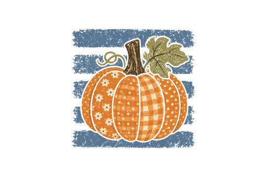 Rustic Patterned Pumpkin With Blue Brush Stripes And Oak Leaf Fall Sublimation Design