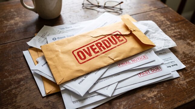 Overdue notice stamped on a stack of unpaid bills on a wooden table.