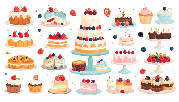 Colorful collection of assorted cupcakes and cakes on white background.