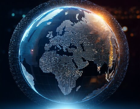 digital globe with glowing pixels represents global data visualization highlighting connectivity and technology