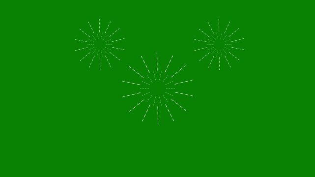 Firework cartoon style circle burst animation with white line, flat, vector explosions motion effects, and glowing geometric spark trails.ellipse blast, glowing shape on green background.
