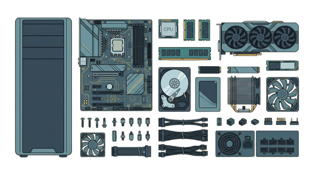 Collection of computer hardware parts and components for custom PC building process