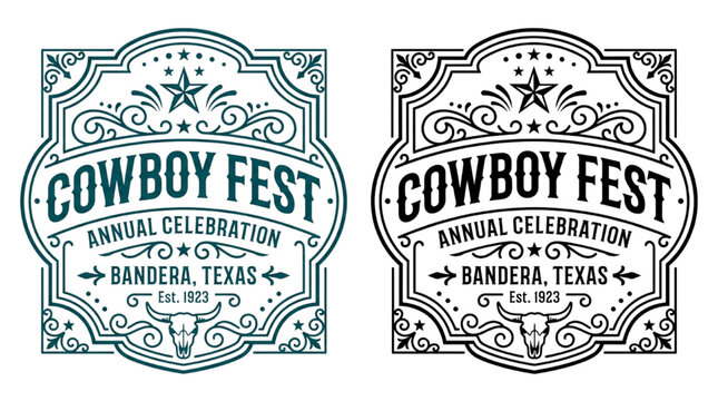 Vintage Western Style Cowboy Fest Badge Design With Ornate Filigree Elements and Cow Skull Icon
