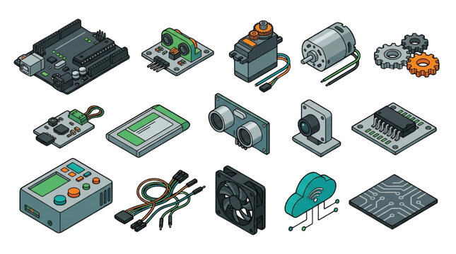 Collection of Isometric Electronic Parts for Robotics and Engineering