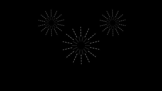 Firework cartoon style circle burst animation with white line, flat, vector explosions motion effects, and glowing geometric spark trails.ellipse blast, glowing shape on black background.
