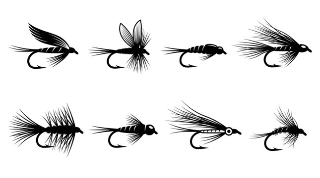 Set of Artificial Fly Fishing Lure Vector Illustrations for Fly Tying Patterns