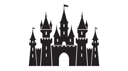 Detailed Silhouette Illustration of a Majestic Medieval Fortress with Tall Pointed Turret Towers © Dileesha