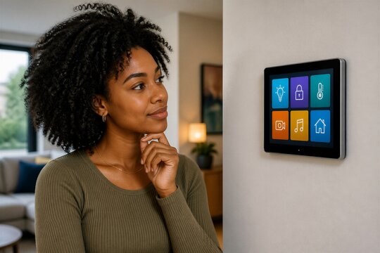 A woman stands in a bright living room, looking at a smart home control panel on the wall. She appears thoughtful as she considers the different options available to her.