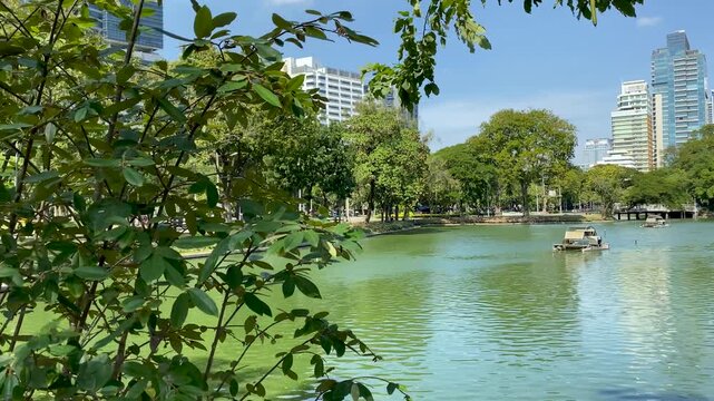 Lumphini Park and Bangkok skyscrapers on a beautiful sunny day, Thailand