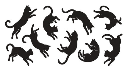 Obraz premium Collection of Black Cat Silhouette Figures in Playful Posing and Jumping Action Stance