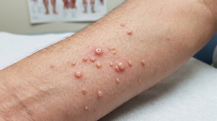 Fototapeta premium Realistic Clinical Close Up of Molluscum Contagiosum Umbilicated Skin Papules Medical Image