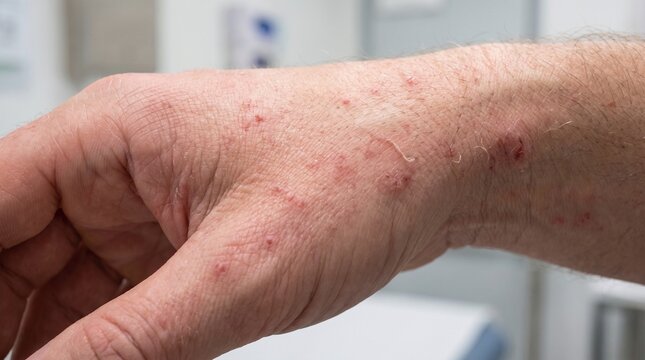 Create an ultra-photorealistic clinical dermatology photograph of Scabies, accurately representing a human skin infestation caused by Sarcoptes scabiei mites. Capture a close-up clinical view of commo