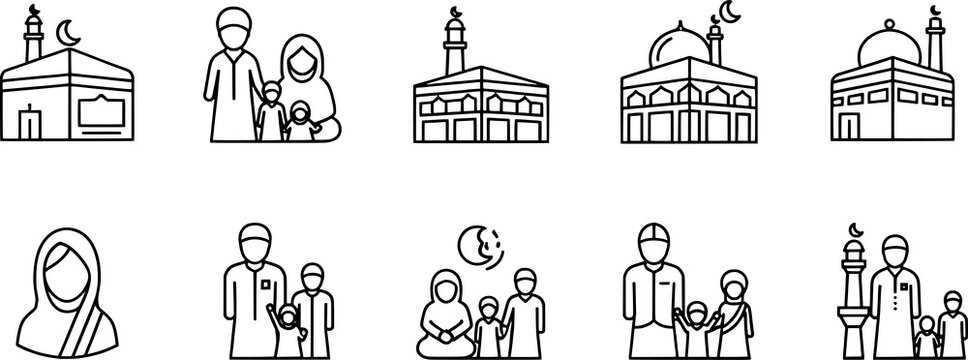 Black and white Islamic icons, mosque and family vector set, religious design collection, cultural artwork, minimal faith illustration symbols