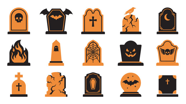A collection of fifteen decorative halloween gravestone icons featuring spooky designs like skulls bats and crosses for festive holiday graphic design projects