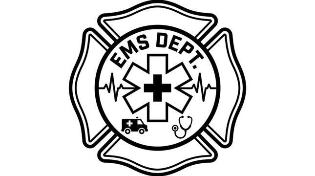 Black and white outline EMS department logo with star of life and emergency symbols