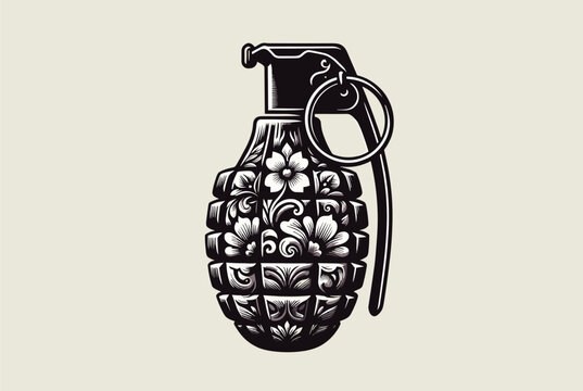 Detailed black and white illustration of a tactical hand grenade decorated with intricate and beautiful floral engravings.