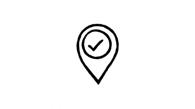 Hand drawn 4K check in location pin doodle animation with boiling line motion. Frame by frame outline on black and green screen backgrounds, perfect for destination marker, place, and travel.
