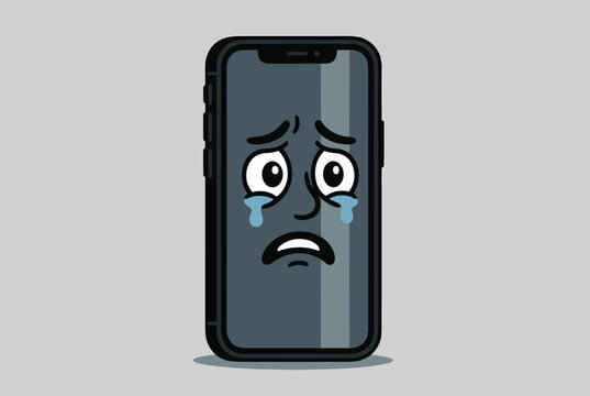 Emotional cartoon illustration of a modern black smartphone with a very sad expression and tears falling from its large eyes.