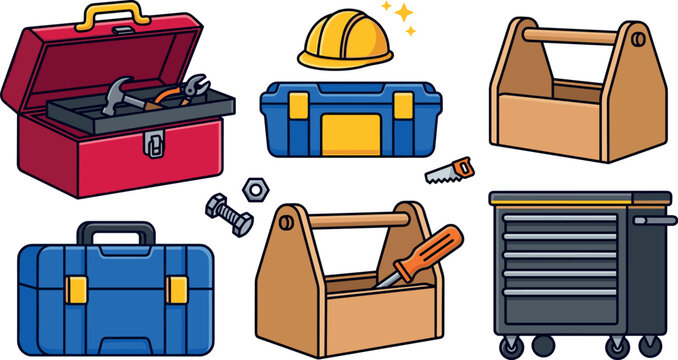 Construction toolboxes and storage organizers vector set featuring cartoon plastic tool boxes wooden caddies rolling cabinet organizer helmet and hand tools stickers